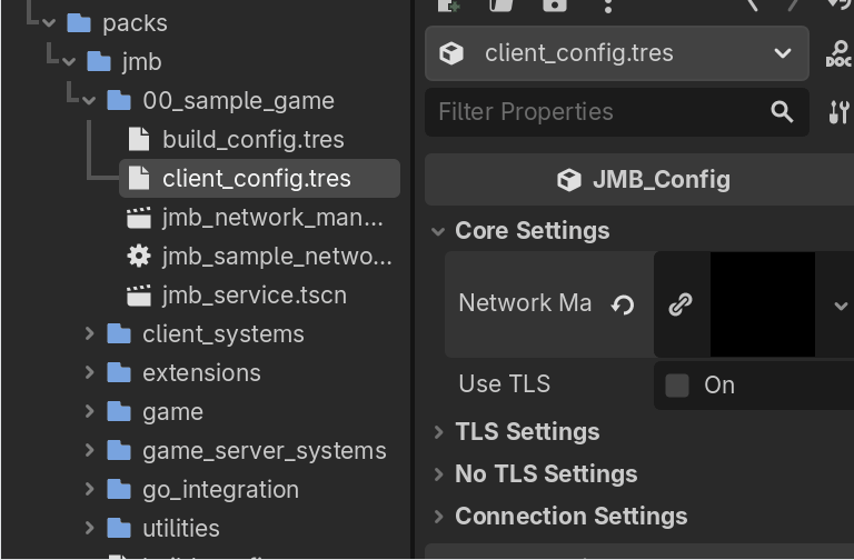 client_config.tres in the Godot inspector, showing Core Settings, TLS Settings, and Connection Settings