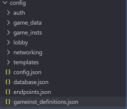 Server config directory tree showing auth, game_data, game_insts, lobby, networking, templates, config.json, database.json, endpoints.json, and gameinst_definitions.json
