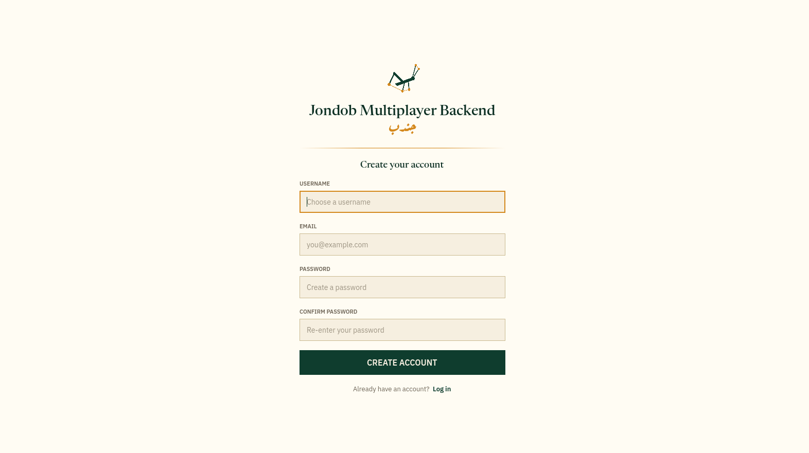JMB account creation form with username, email, password, and confirm password fields