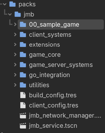 The Godot FileSystem dock showing the packs/jmb directory with build_config.tres and client_config.tres