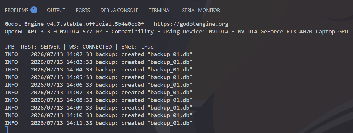 Godot terminal output showing JMB connected with backup logs