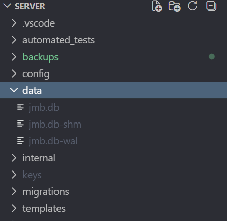 Server directory tree showing data/jmb.db, jmb.db-shm, and jmb.db-wal files